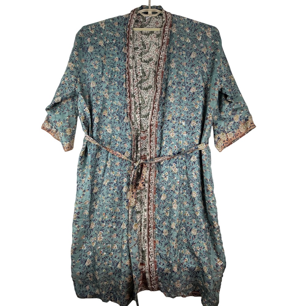 Silk Route Robe Women One Size (OS) 100% Silk Floral Sage Green Made in India